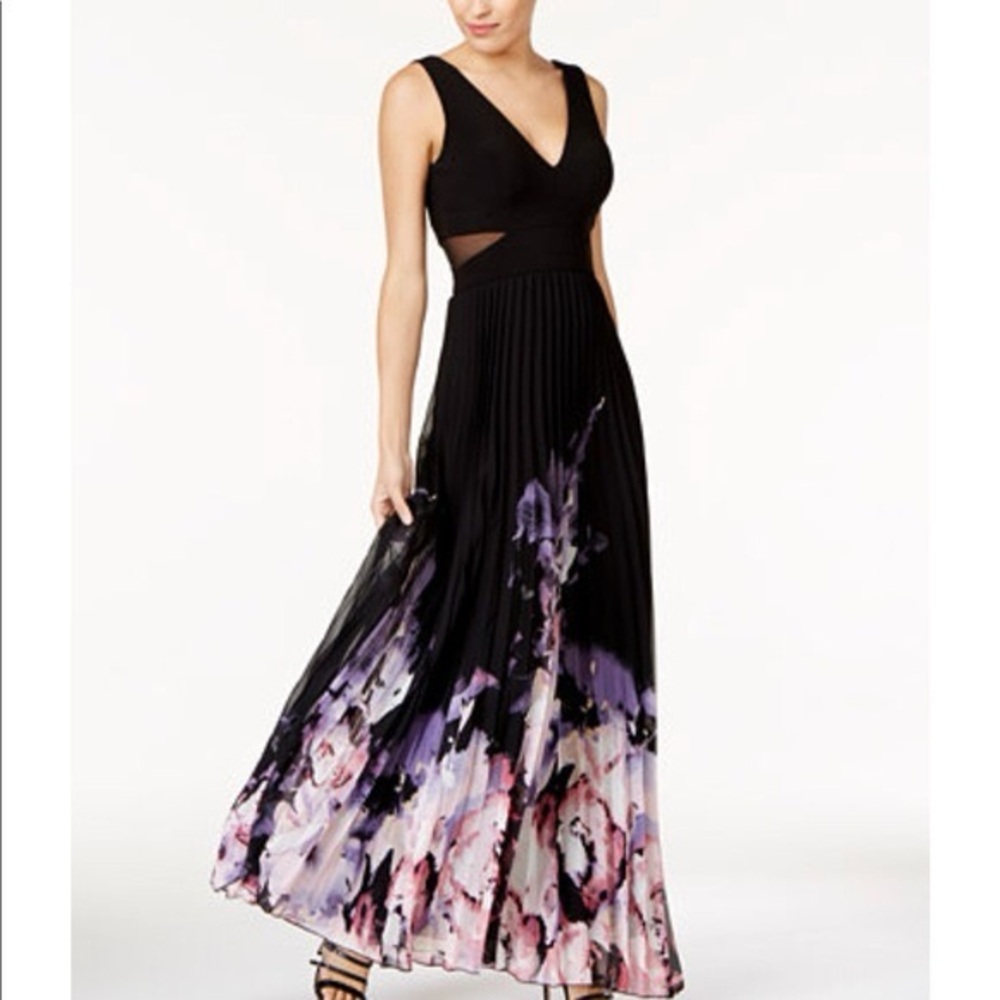 Xscape Black and Pink Sleeveless V-Neck Maxi Dress
